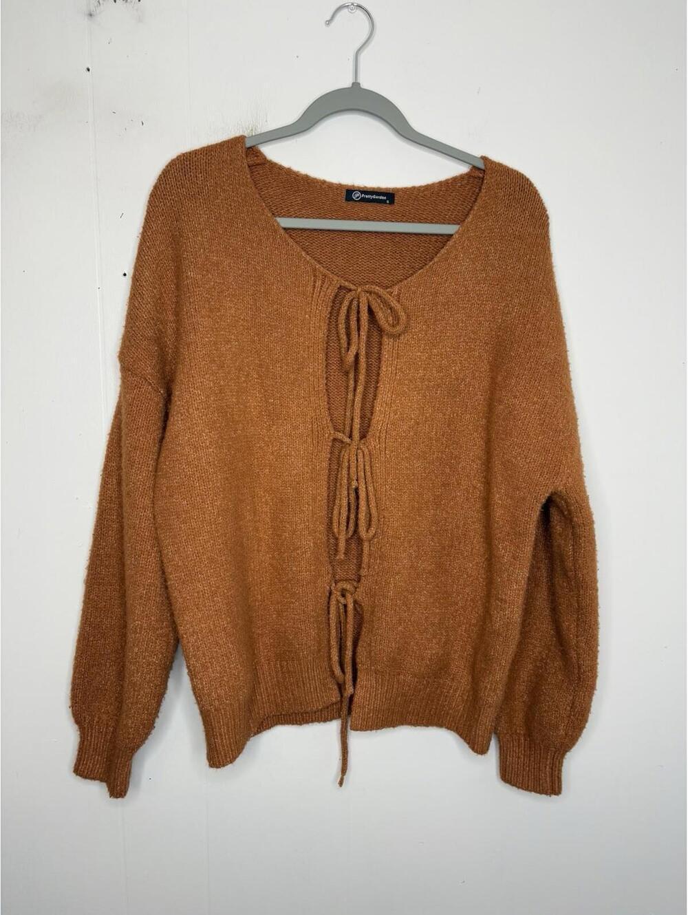 Pretty Garden Sweater Womens Small Tie Front Cardigan Drop Shoulder Orange Tan